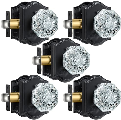 Calzibeno Kristall-Türknäufe, Glastürknäufe für den Innenbereich mit Schloss für Privatsphäre, schwarze Vintage-Glastürknäufe für Schlafzimmer, Badezimmer, Diamant-Kristall-Türknauf-Set, 5 Stück