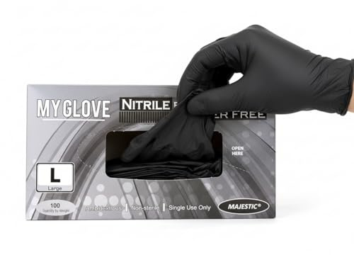 100 x Nitrile Disposable Gloves – 5 mil, Black Heavy Duty Examination Gloves – AQL 1.5 - Chemical Resistant, Latext-Free, Powder-Free, Non-Sterile Gloves for Cooking, Mechanic, Tattooist (Large)