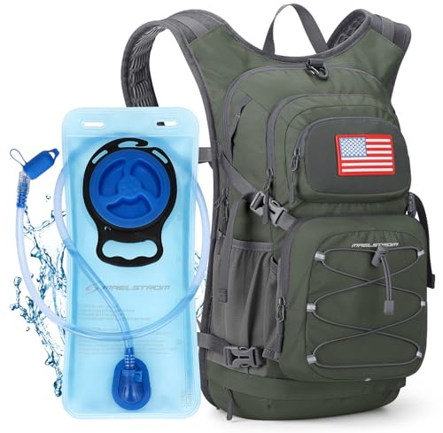 Maelstrom Hydration Hiking Backpack with 2L/3L Water Bladder, High Flow Bite Valve Camping Daypack Lightweight (3.Olive Green, 2L Bladder)