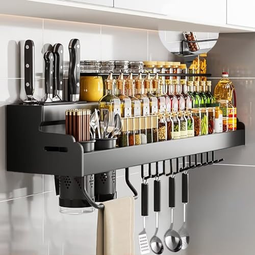 COITROZR Gewürzregal, Küchenregal, für Schranktür, Hängend, Ohne Bohren, zum Kleben, Küchenutensilienhalter mit Haken, Gewürzhalter Organizer, Wand Gewürzregal für Schrank (40cm Schwarz)