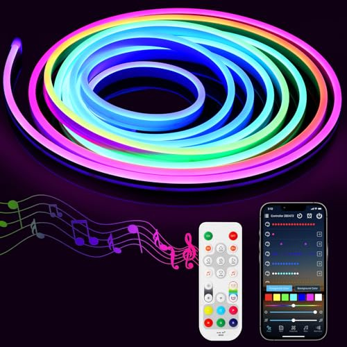RGB IC LED Streifen 3m, Neon Strip mit Dynamische Farbe, Musiksynchronisation, APP, Fernbedienung, Smart IC RGB LED Strip für Gaming, Schlafzimmer, Raum und Außendekoration