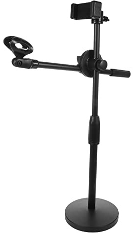 Verstellbarer Tischmikrofonständer mit Handyhalterung, Schwarz | 360° Drehbar, Metall und Kunststoffausführung, Standard-3/8-zoll Schnittstelle