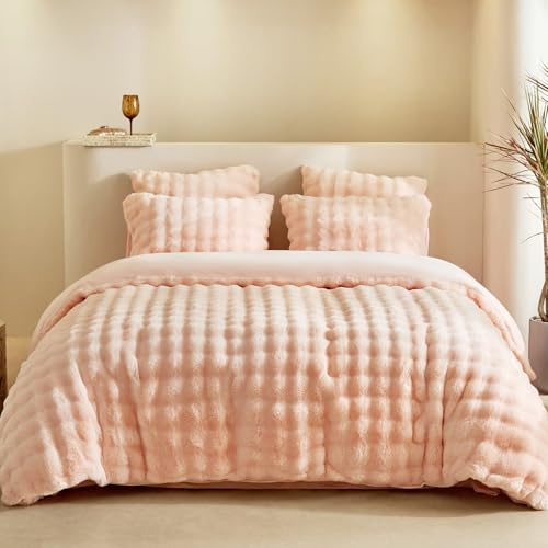 Tokokimo Fluffy Duvet Cover Queen Size, Faux Fur Duvet Cover Set, Ultra Soft & Warm 3 Pcs Flannel Fuzzy Comforter Cover Pink Bedding Set (1 Duvet Cover & 2 Pillowcases)