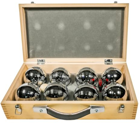 Boule Set in Holzkoffer / 8 Boule Kugeln inklusive Schweinchen Zielkugel RE65