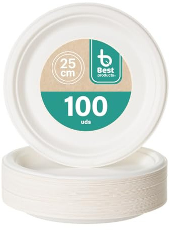 BEST PRODUCTS - 100 Platos Caña de Azúcar Desechables Ecológicos Biodegradables Compostables y Reciclables Para Fiestas Cumpleaños Comuniones Redondos Llanos Ø 25 cm