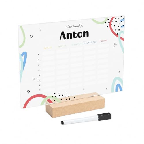 Stundenplan abwischbar personalisiert mit Namen - DIN A4 - Bunt | + Holzhalter und Stift, Geschenke für die Einschulung, Einschulungsgeschenk Mädchen/Junge, Schulstart, kleines Geschenk