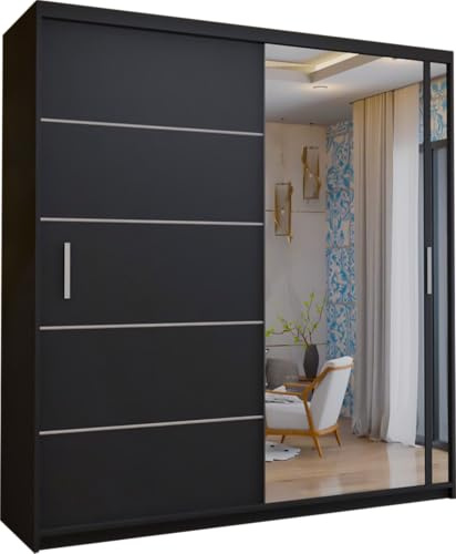 FURNITUREWAVE Vista Double Sliding Door Mirror cupboard, 2 Door cabinet with Hanging Rails & Adjustable Shelves, Space Saving Wardrobe for Bedroom (Black, 203cm)