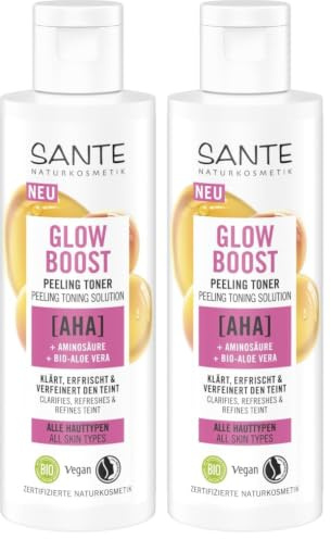 SANTE Naturkosmetik Glow Boost Peeling Toner, klärende Gesichtsreinigung mit AHA, Aminosäure und Bio-Aloe Vera, veganes Gesichtswasser für gepflegte und erfrischte Haut, 125ml (Packung mit 2)
