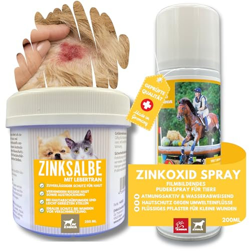 EMMA Lebertran Zinksalbe + Zinkspray 250ml + 200ml – Erste Hilfe Set für Pferd Hund Katze – Zinkoxid Spray & Wundsalbe – Sprühpflaster, Wundschutz, Pfotenschutz, Mauke Pflege, Hautreinigung