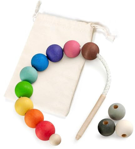 Ulanik Fädelspiel Perlen Kleine, Montessori Spielzeug ab 3 Jahre, Baby Perlen zum Auffädeln, Spiel für Zählen und Sortieren Farben Lernen — 12 Holzkugeln Bunt (Edition 1)