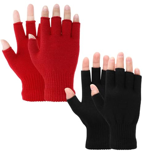 Grevosea 2 Pair Fingerless Gloves, Winter Half Finger Gloves Thickened Cashmere Warm Glove Knit Touchscreen Warm Stretchy Mittens Fingerless Glove for Men and Women (Black+Red)