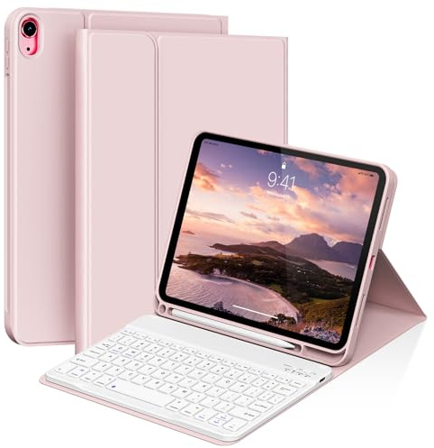 SZPSGC Case iPad (A16) 11/10th Gen 11/10.9 inch with Keyboard, Pink | Detachable Bluetooth Keyboard Rechargeable,with Pencil Holder,Soft TPU Back Cover, Pink