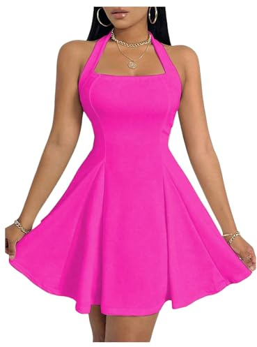 GORGLITTER Women's Halter Neck A Line Mini Dress Sleeveless Skater Dress | Swing Party Cocktail Dresses, Flared, Square Neck, Summer Dress for Graduation, Birthday, Going Out