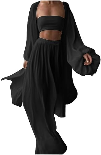 3-teiliges Resort-Outfit für Damen, Laternenärmel, offene Vorderseite, Cardigan, weites Bein, Hose und Schlauch-Top, Baggy-Set, lässig, lockere Loungewear für Urlaub, Strand, Reisen, Alltag