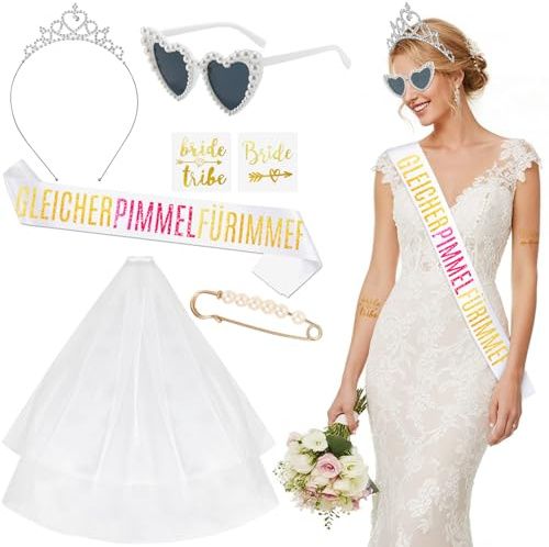 7 Stück Jga Accessoires Frauen mit Schleier, Tiara, Gläser, Bride Schärpe | Brosche, Tattoos,Bride to Be Deko Jga Frauen für Junggesellenabschied Brautparty und Hochzeitsfotografie