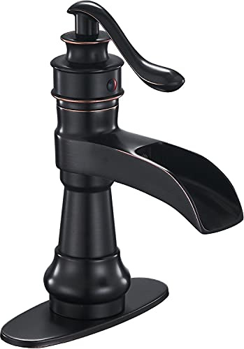Grifo para Lavabo de baño Negro, Tipo Cascada, sobre encimera con desagüe automático, Monomando de 1 Orificio, Manguera de Suministro para Lavabo, Grifo Mezclador sin Plomo, pequeño Regalo (Bronce AC