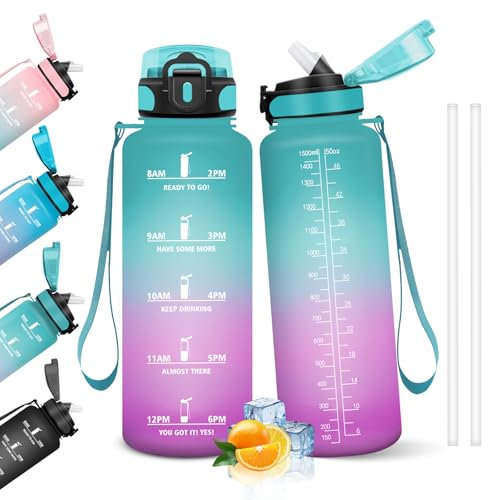 HoneyHolly Borraccia, 1.5L Borracce Acqua, Borraccia Motivazionale con Cannuccia, Water Bottle, A Prova di Perdita, Bottiglia Acqua per Scuola, Palestra, Campeggio, Ciclismo, Yoga