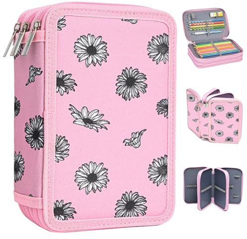 Federmäppchen 3-Fach - Quadratisch, Mehrschichtig,Große Kapazität Mäppchen | Mädchen Rosa Kawaii Stiftemäppchen - 57 Gummiband für Schule,Teenager,Kinder,Junge,Mädchen
