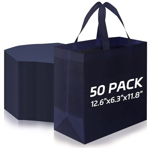 YFNVH 50 Stück Wiederverwendbare Tragetaschen im Großpack, 32 x 30 x 16 cm Faltbare Einkaufstaschen aus Vliesstoff mit Griffen für Alltag Picknick Camping Marineblau