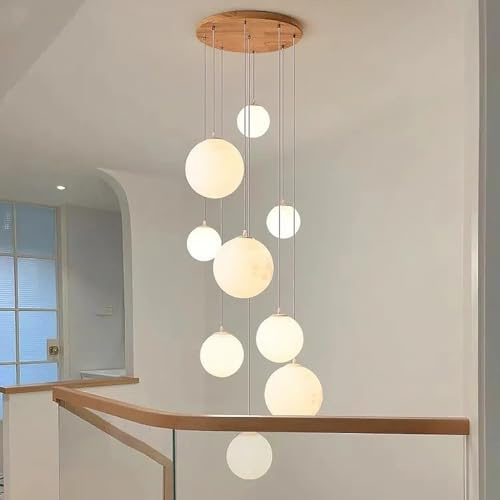 DOCJX Moderne E27 Pendelleuchte Hängeleuchte Mond Treppe - Länge Verstellbar (bis 2m) Für Hohe Decken - Holzoptik Deckenlampe Mit PE-Schirm - Für Treppenhaus, Wohnzimmer, Diele, Esszimmer - E27 Fass