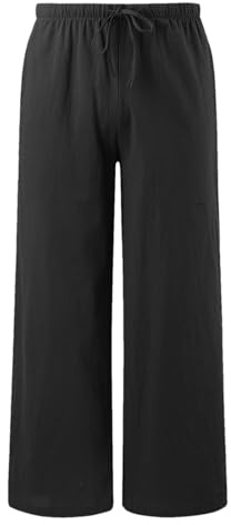 Kids Girls Cotton Linen Pants Casual Straight Leg Trousers Elastic High Waist Trousers with Adjustable Drawstring Solid Casual Summer Pants with Pockets Lightweight Comfortable (Black, 12-13 Years)