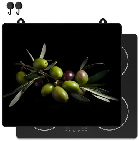 KitchyMist Protège Plaque Induction Olives - 60x52 cm - Déco cuisine - Protection pour plan de travail - Cuisson protégée - Fond de hotte de cuisine