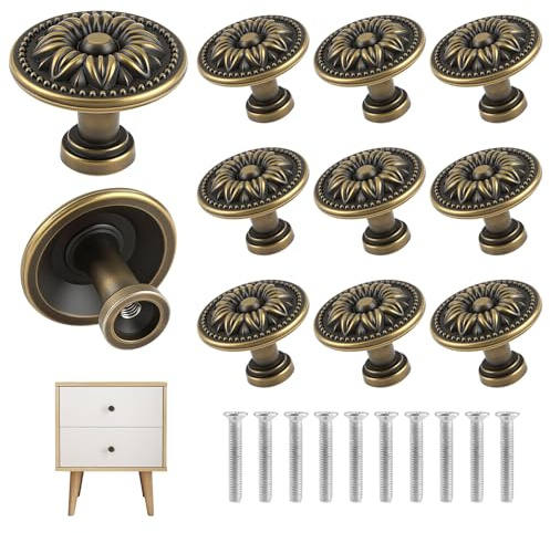 10 Pack Antique Brass Cabinet Cupboard Knobs Drawer Handles with Screws Set | 30mm Diameter, Zinc Alloy, Rustproof, Easy DIY, Vintage, European-style Retro, for Cupboard Dresser Wardrobe Jewelry Boxes