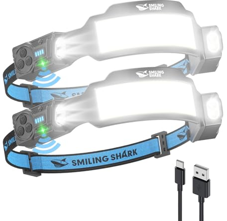 Smiling Shark TS-6 Lampada Frontale LED, Torcia da Testa Ricaricabile 2400mAh 2 Proiettori Orientabili & Luce Inondazione & Strobe Headlamp con Sensore di Movimento per Camping Jogging Corsa (2 PACK)