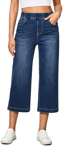 Vetinee Jean pour femme - Pantalon baggy à jambes larges avec élastique - Taille haute - Stretch