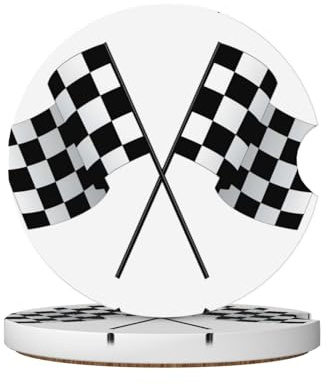 Set di sottobicchieri in ceramica da 6,5 cm, motivo a scacchi, motivo con bandiera a scacchi, colore bianco e nero, adatti per portabicchieri