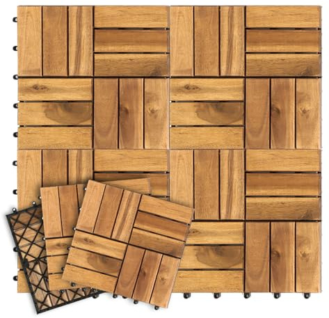 Lot de 66 dalles en bois d'acacia pour balcon et terrasse - 30 x 30 cm - Avec système de drainage - 12 lattes (6 m²) - Revêtement de sol extérieur résistant aux intempéries - Facile à poser