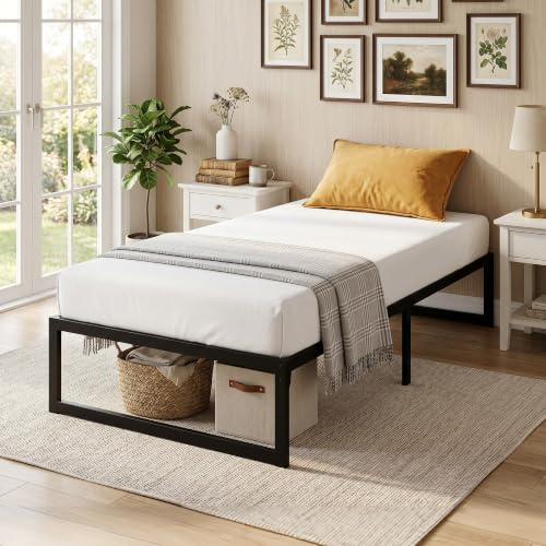 HOMCOM Cadre de Lit 90 x 200 cm avec Sommier, Lit Simple sans Bruit Noir | Support à Lattes en Métal, Rangement au-dessous de 32,5H cm, Montage Facile
