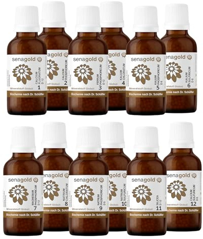 Senagold Schüssler Salze Globuli Set Nr. 1-12 - 12x50 Gramm laktosefreie Globuli - Schüsslersalze hergestellt nach Homöopathischem Arzneibuch (HAB) in Deutschland - 12x50g Globuli (Streukügelchen)