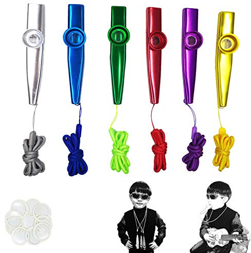 Fartime 6Pcs Metal Kazoos With Lanyards,With 20Pcs Kazoo Flute Diaphragms，Musical Instruments,Good Gift for Kids,A Good Companion for Ukulele, Violin, Guitar,Piano Keyboard.