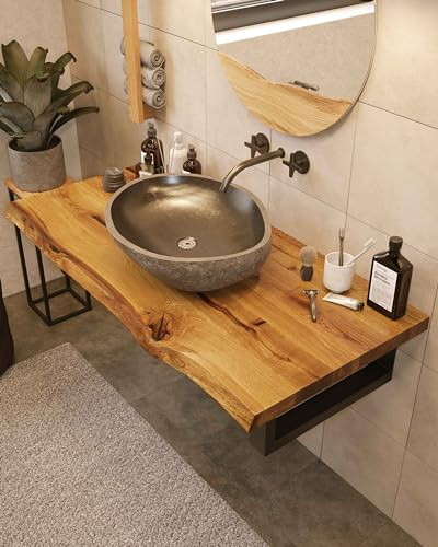 BestLoft Waschtischplatte Holz (Länge: 70 cm/Breite: 40-45 cm) Waschtisch Holz Eichenbrett Massiv 40 mm dick Tischplatte Baumkante Waschplätze rustikale Waschtischkonsole Massivholzplatte