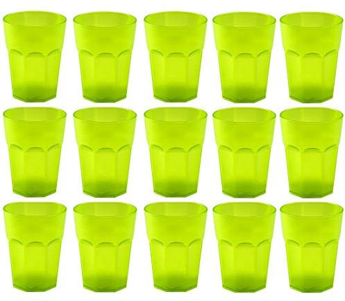 Engelland - 15 x Plastikbecher, Trinkbecher, Grün, Cocktailbecher, 250 ml, mit Eichstrich, stapelbar, Mehrweg, Kunststoff, Frostoptik, wiederverwendbar, Party-Becher, Trink-Glas