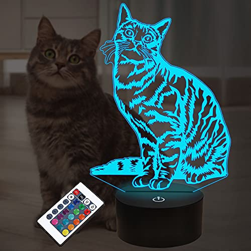 Lightzz Cat Pet Geschenke für Kinder Mädchen, 3D Illusion LED Cat Lampe Nachtlicht mit Fernbedienung 16 Farben Wechseldekoration Nachttischlampen