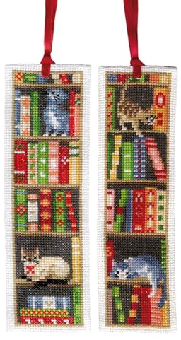 Vervaco Lesezeichen Kreuzstich Stickpackungen Gezählter Kreuzstich Katzen im Bücherregal 2er DIY Set Erwachsene Sticken Lesen Zubehör Geschenk Zählmusterpackung ca. 6 x 20 cm Stickset für Anfänger