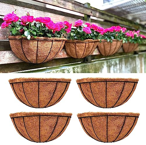 LaLaGreen Canastas grandes de pared para flores, paquete de 4, macetas de riel de 16 pulgadas para plantas al aire libre, soportes de alambre de metal con forro de coco, valla exterior, balcón,