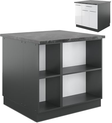 Vicco Kücheninsel Fame-Line, Weiß Hochglanz/Anthrazit, 90 cm mit Schublade, ohne Arbeitsplatte, zur flexiblen Erweiterung durch passende Anbaumodule