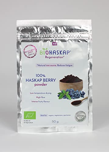 Bacche di HASKAP (Mirtillo siberiano) biologiche in polvere BIOHASKAP® Regeneration+, 50 g, fonte di ANTOCIANINA e FERRO. Rigenera l'organismo. NUTRACEUTICO. 1 cucchiaino al giorno. Lot 13.08.2027