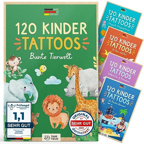 Famifidus 120 Kinder Tattoos hautfreundlich I Zauberhaftes Geschenk für Mädchen und Jungen I Dermatologisch SEHR GUT I Tattoo Kinder Made in Germany I Tattoo für Jungs & Mädchen | Dermatologisch sehr gut I Kindertattoos Made in Germany I temporäre Tattoos Kinder I Details Geburtstag Kinder