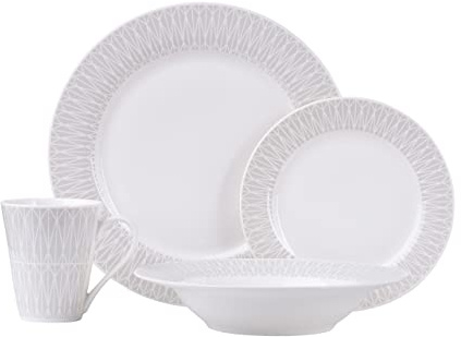 Maxwell & Williams II0109 Dinner-Set 16-tlg – Porzellan mit verziertem Rand – Zenith, Teller & Tassen, Grau, Geschenkbox | Artikelnr. II0109, 16 Dinner