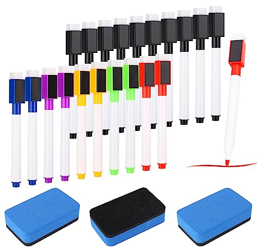 Heyu-Lotus 20 X Whiteboard Marker Magnetische mit 3 Stück Schwamm, 6 Farbe 3 in 1 Trocken Abwischbar Whiteboard Stifte mit Radierer, Folienstift Tafelstifte für Büro,Schule,Zuhause