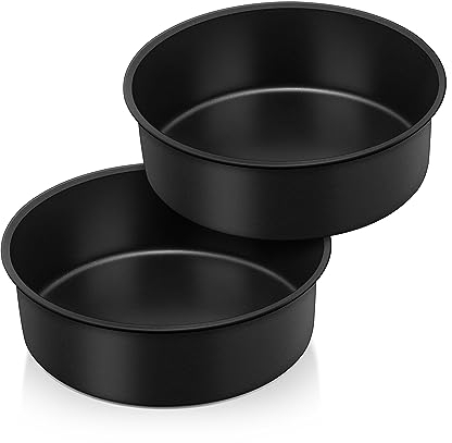 Herogo Cake Tin Set of 2, 6 Inch Non-Stick Round Stainless Steel Cake Tray Pan, 5cm Small Deep Baking Tray for Brownie, Lasagne, Pie, Healthy & Non-Toxic, Durable & Easy Clean (16.2 cm, Black)