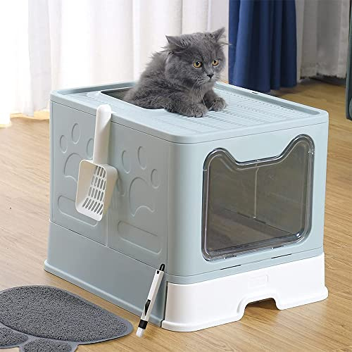 Bandeja de arena para gatos, gran casa de aseo de gato plegable con tapa, bandeja de cajón y pala de caña, portátil, WC para gatos con tapa (CP366914_03)