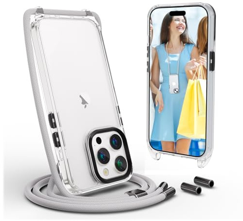 UYMO Handykette Hülle mit Band Für iPhone 15 Pro 6.1” - Necklace Transparent Handyhülle Case mit Strap Schnur Abnehmbar, Schutzhülle zum Umhängen Kordel, Grau