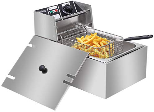 6L Electric Deep Fryer w/Basket & Lid, 6.3QT Countertop Stainless Steel Commercial Kitchen Fat Fryer Frying Machine for Chips, French Fries, Donuts and More, 220-240V 2500W