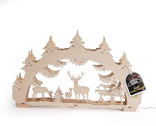 Saico - LED Schwibbogen „Waldlichtung“ Erzgebirge - Lichterbogen mit Timerfunktion - winterliches Design mit Rehen & Hase - ideal als Weihnachtsdeko, Holzkunst aus dem Erzgebirge - Made in Germany