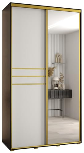 MEBLE KRYSPOL Davos 11 140 Schrank mit Zwei Schiebetüren für Schlafzimmer - Moderner Schrank mit Spiegel, Kleiderstange und Regalen - 235,2x140x45 cm - Schwarz Weiß Gold